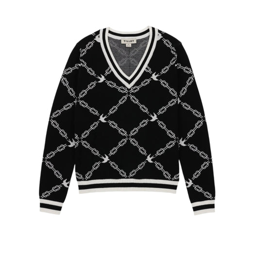 Birdie Links V-Neck Jacquard Sweater - Black/White