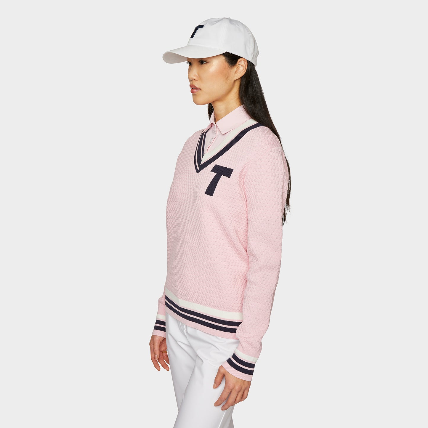 Contrast Bar Stripe V-Neck Sweater - Pink