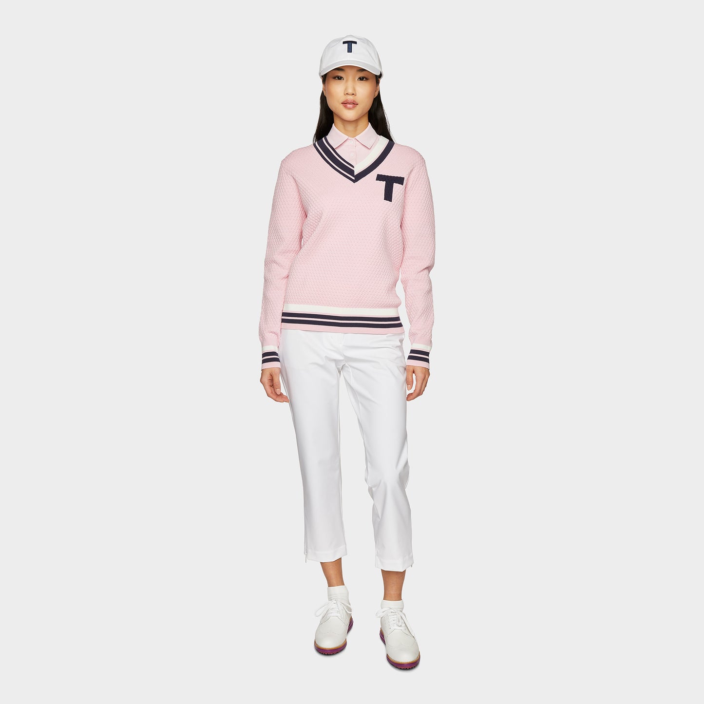 Contrast Bar Stripe V-Neck Sweater - Pink