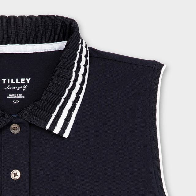 Sleeveless Pique Polo - Navy/White