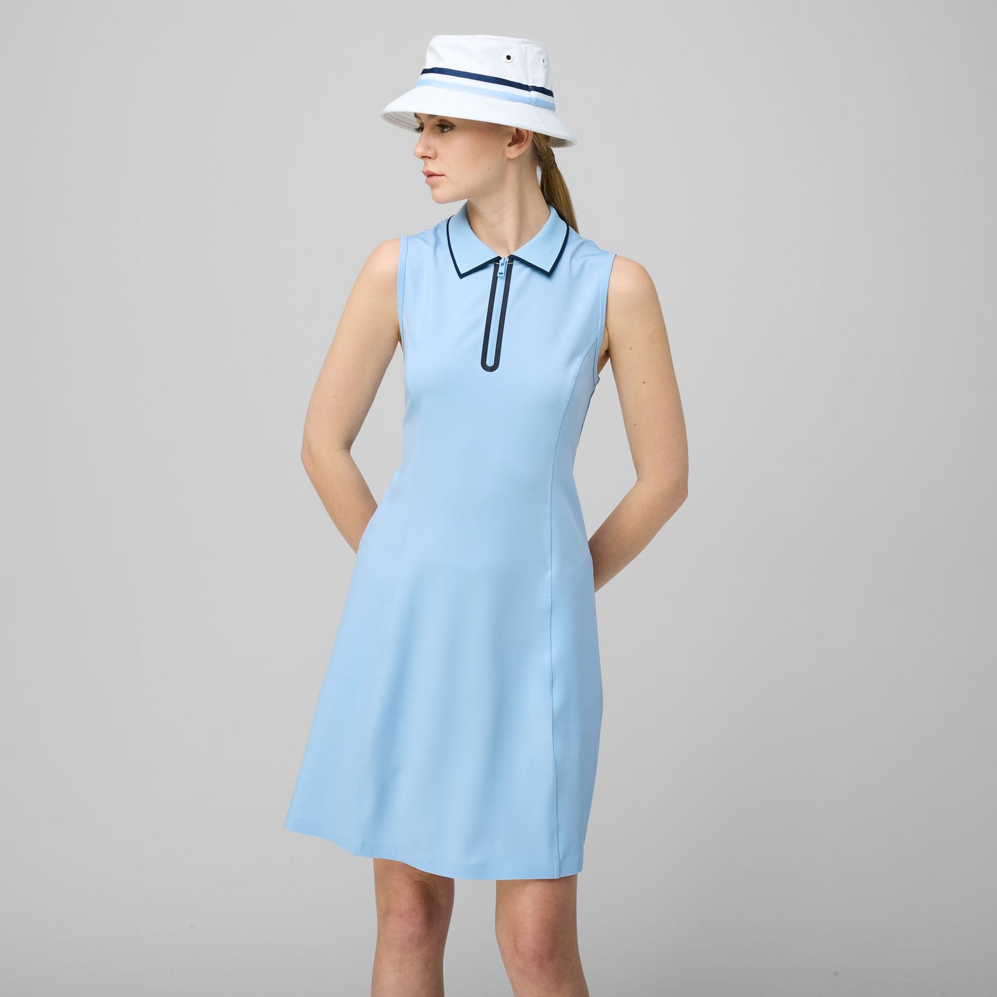 Quarter Zip Polo Dress - Powder Blue/Navy