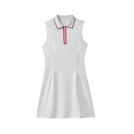 Quarter Zip Polo Dress - White/Sport Red