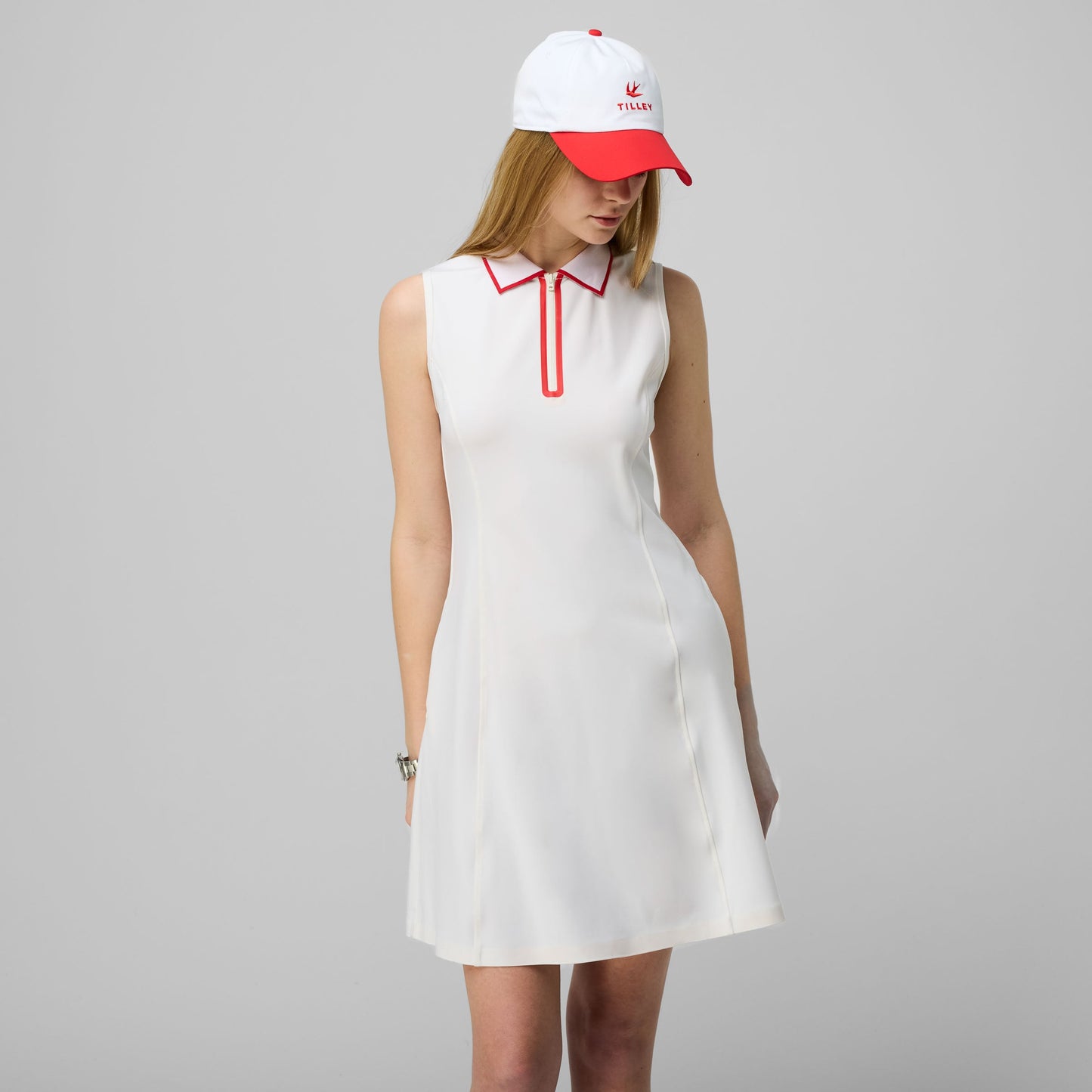 Quarter Zip Polo Dress - White/Sport Red