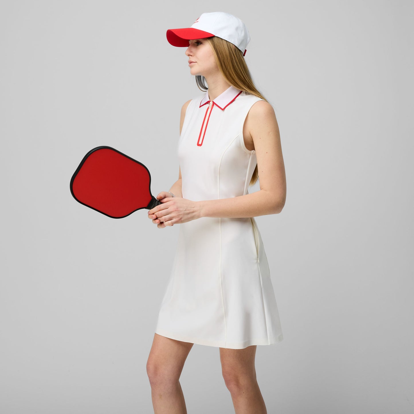 Quarter Zip Polo Dress - White/Sport Red