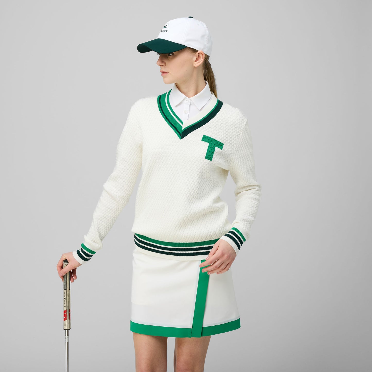 Sport V Neck Sweater - White/Sport Green