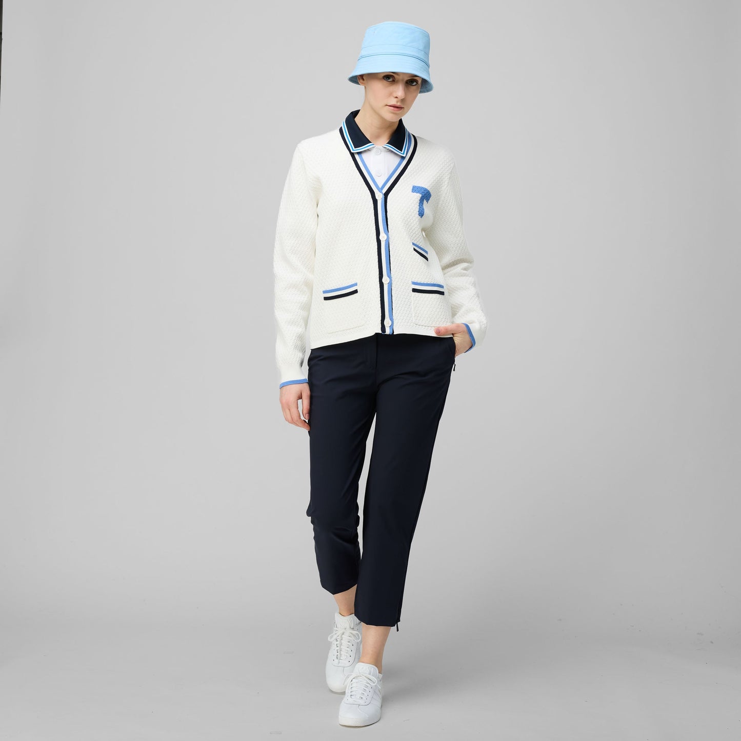 T Cardigan - White/Powder Blue