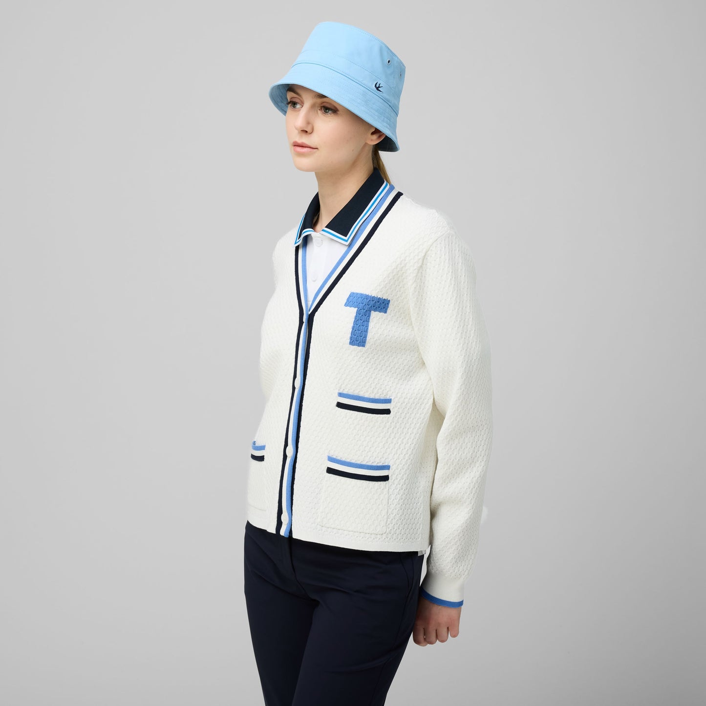 T Cardigan - White/Powder Blue