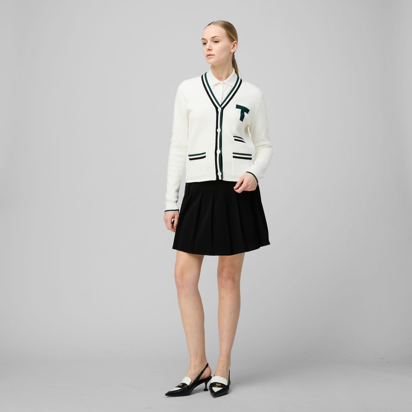 T Cardigan - White/Pine Green