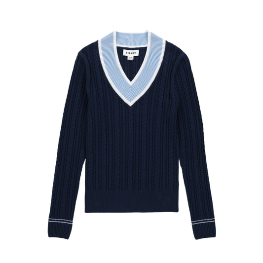 V Neck Cable Sweater - Navy