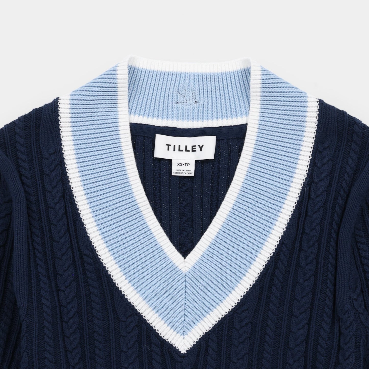 V Neck Cable Sweater - Navy