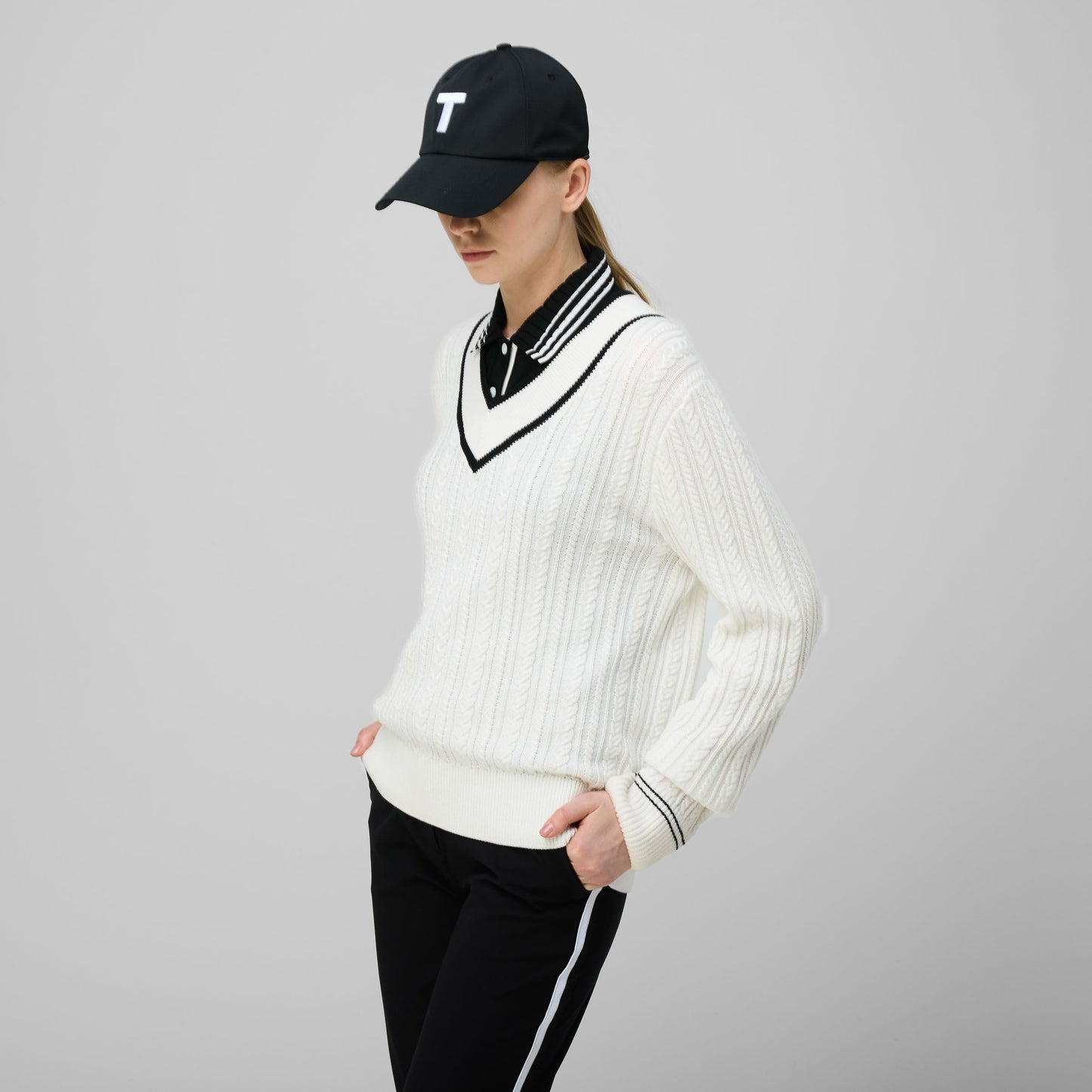 V Neck Cable Sweater - White