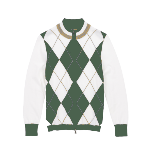 Argyle Full Zip Sweater - White/Pine Green