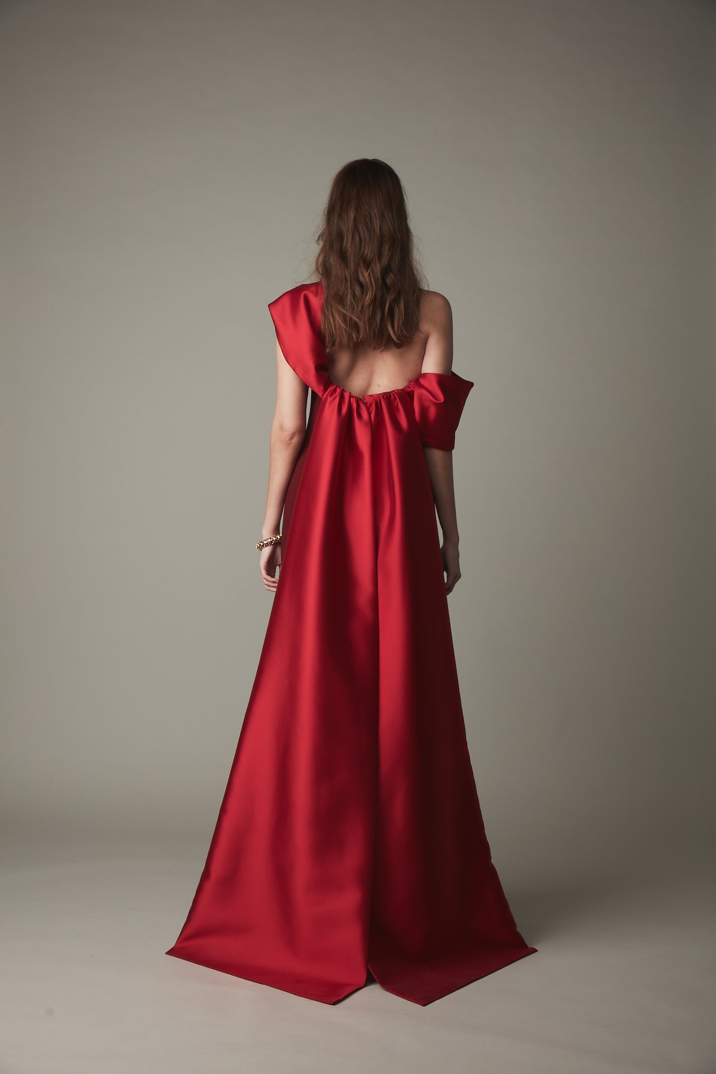 Off Shoulder Gown with Detachable Train - Bordeaux Pink Tartan