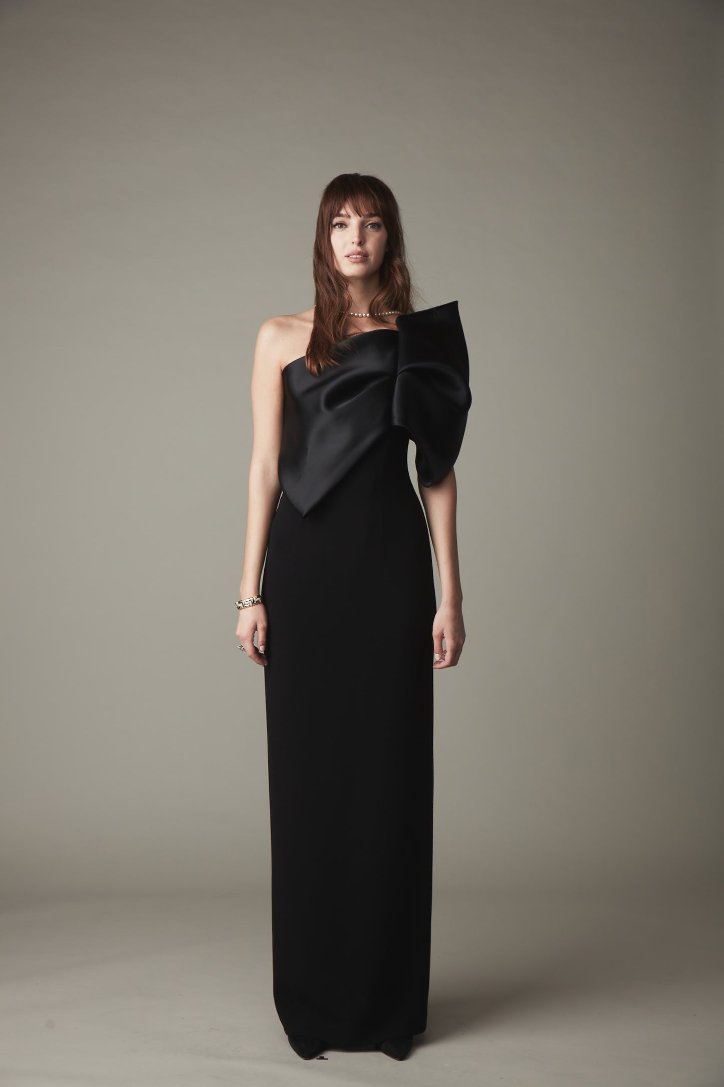 One Shoulder Bow Front Gown - Black Pink Tartan