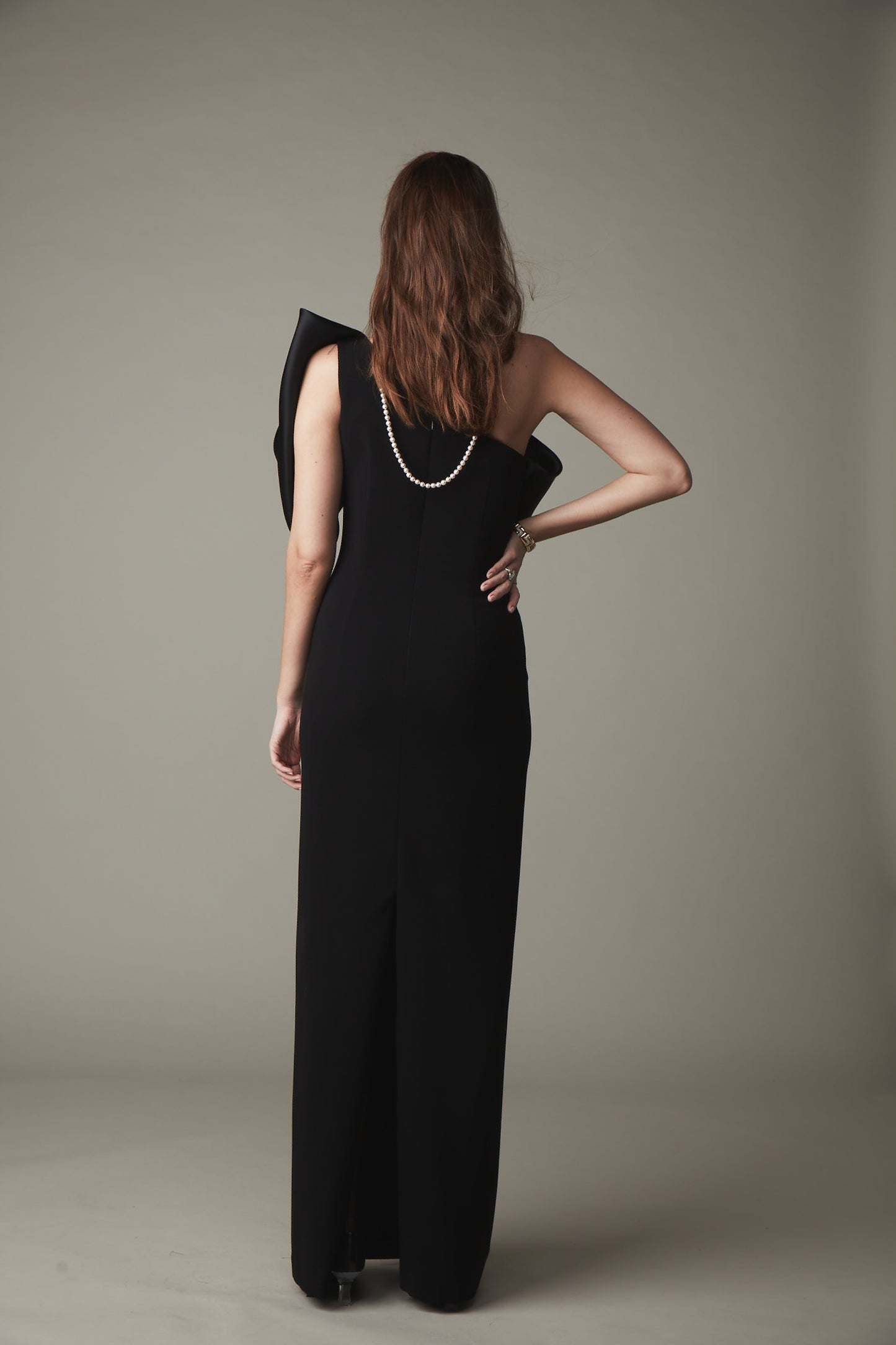One Shoulder Bow Front Gown - Black Pink Tartan