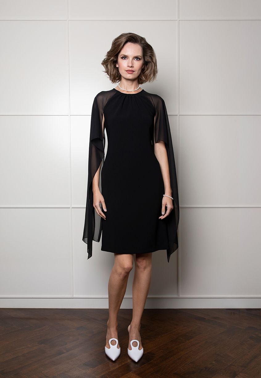 Sheer Cape Cocktail Dress - Black Pink Tartan