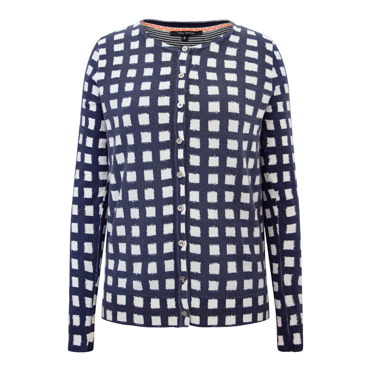 Crew Neck Cardigan - Navy Check Pink Tartan