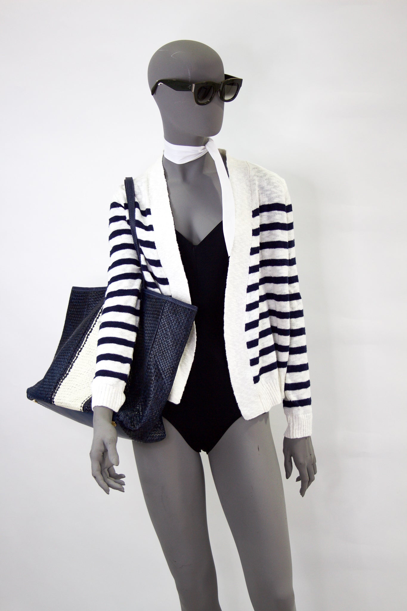 Stripe Open Cardi - White/Navy Pink Tartan