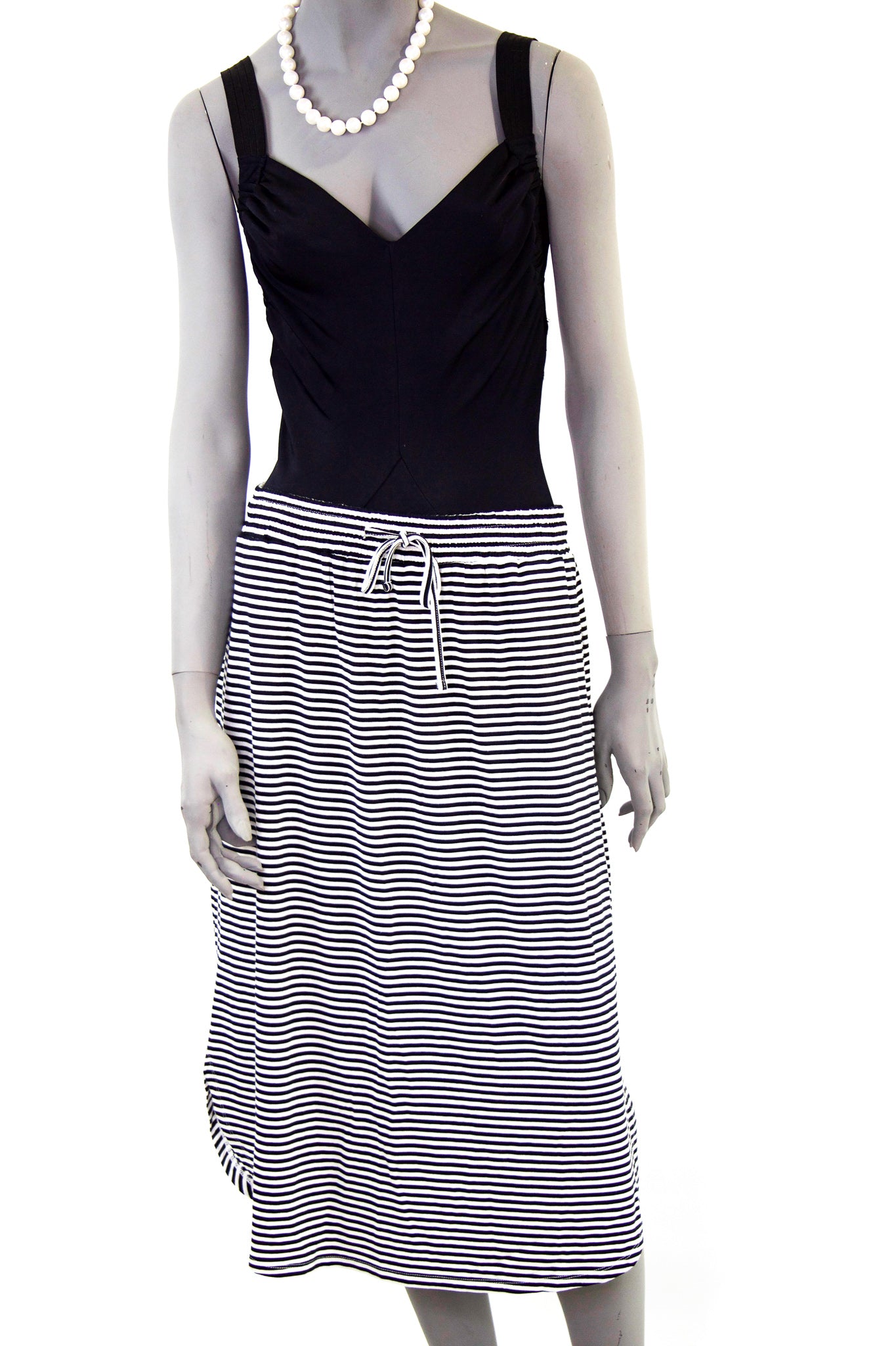 Midi Pull On Skirt - Black & White Stripe Pink Tartan