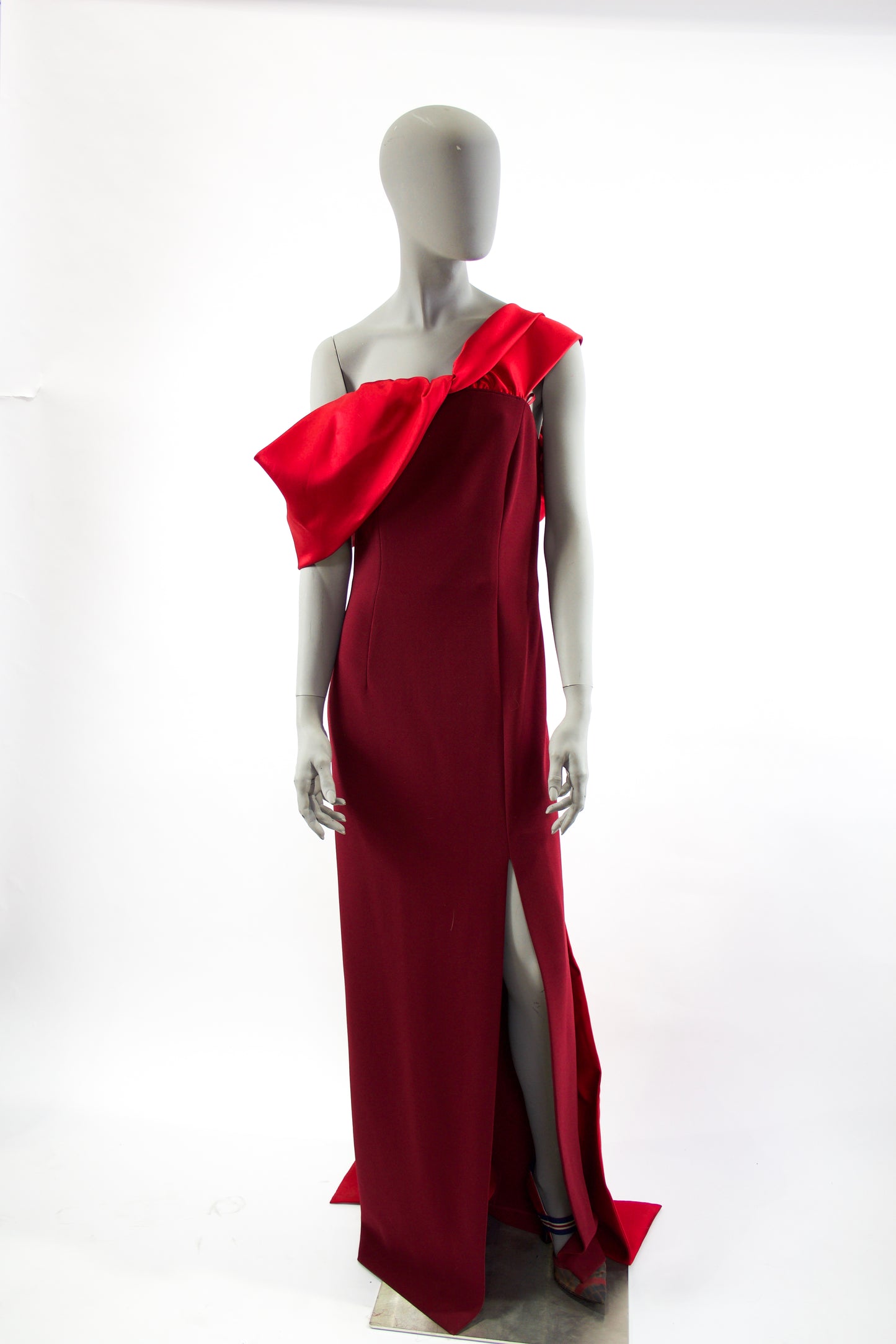Off Shoulder Gown with Detachable Train - Bordeaux Pink Tartan