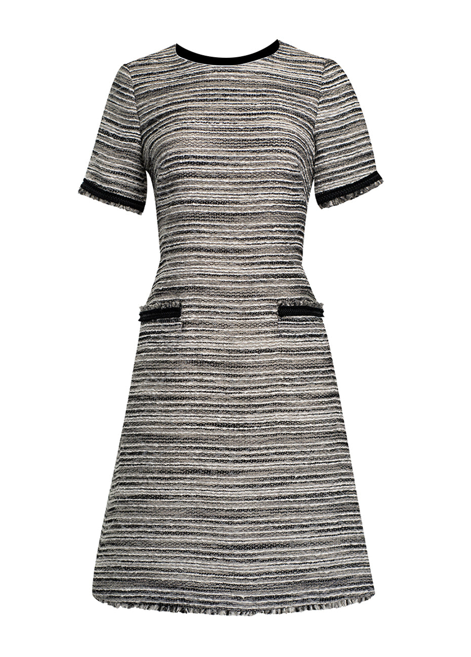 Split Back Button Front Tweed Fitted Dress