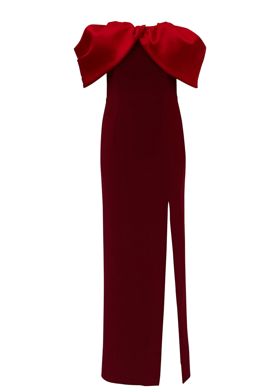 Off Shoulder Gown with Detachable Train - Bordeaux Pink Tartan