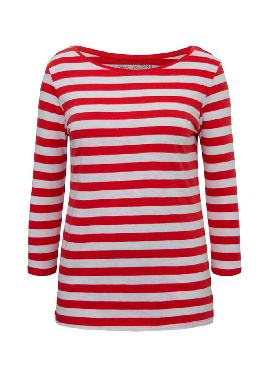 3/4 Sleeve Striped T-shirt - Red/White Pink Tartan