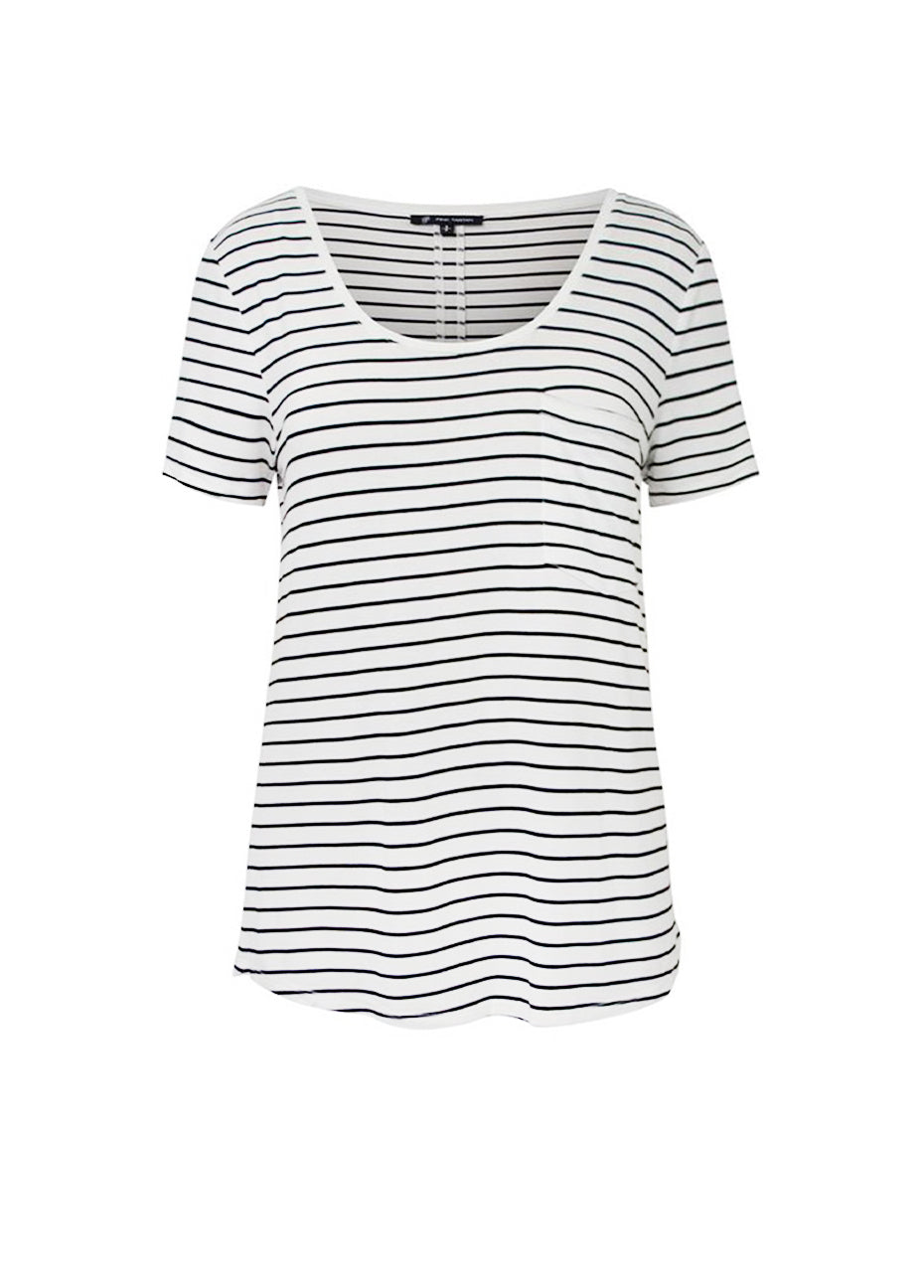 Scoop Pocket T-Shirt - Off White & Black Stripe Pink Tartan