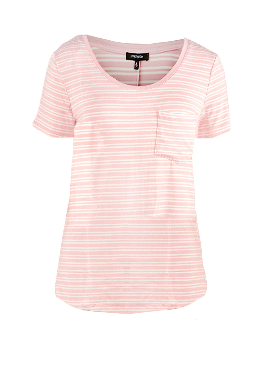 Scoop Pocket T-Shirt - Mauve Stripe Pink Tartan