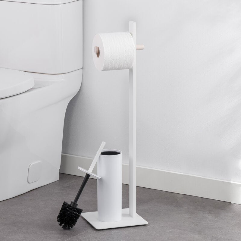 Toilet Brush and Paper Holder Set - White Pink Tartan