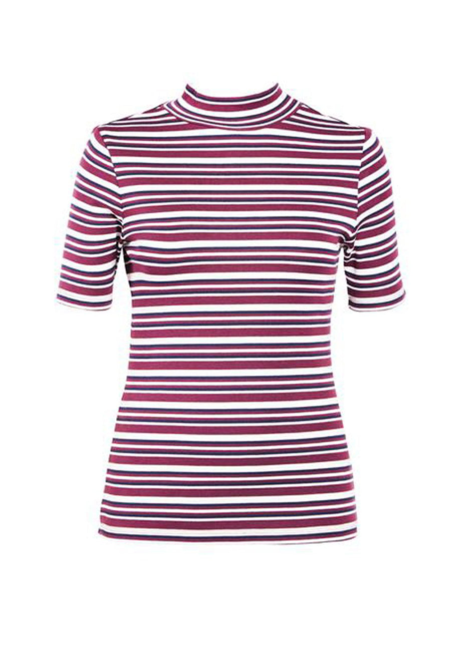 Mock Neck Rib Tee - Burgundy Stripe Pink Tartan