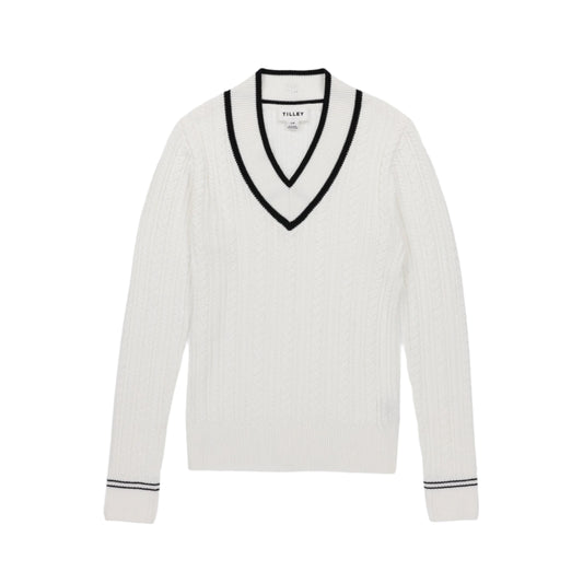 V Neck Cable Sweater - White