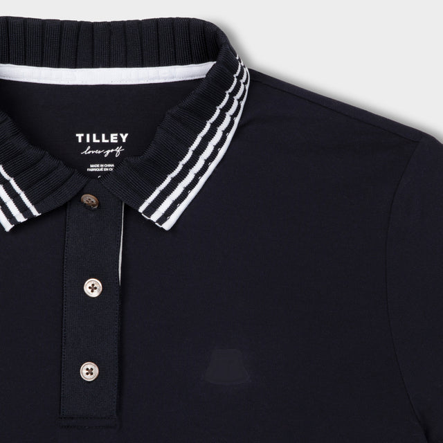 Pleated Collar Polo - Navy/White