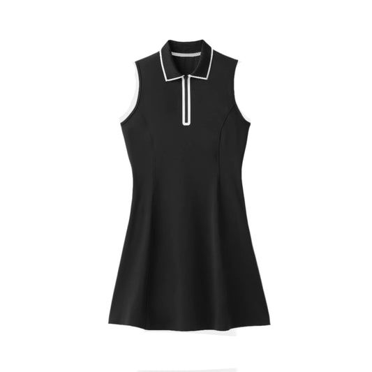Quarter Zip Polo Dress - Black/White
