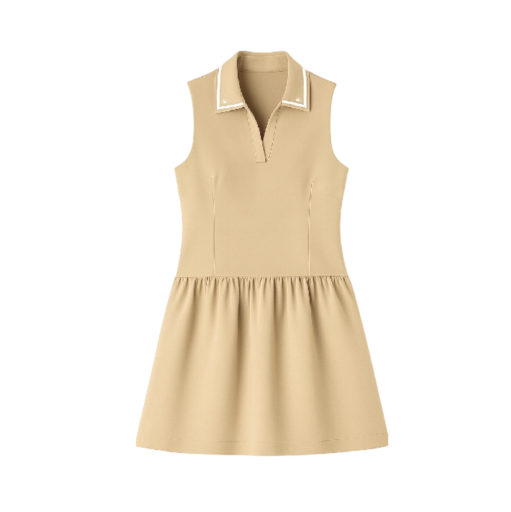 Contrast Collar Ruffle Dress - Tan
