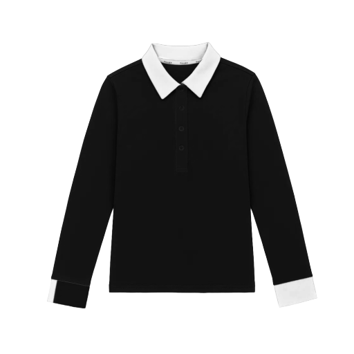 Preppy Pique Long Sleeve Stripe Placket Polo - Black