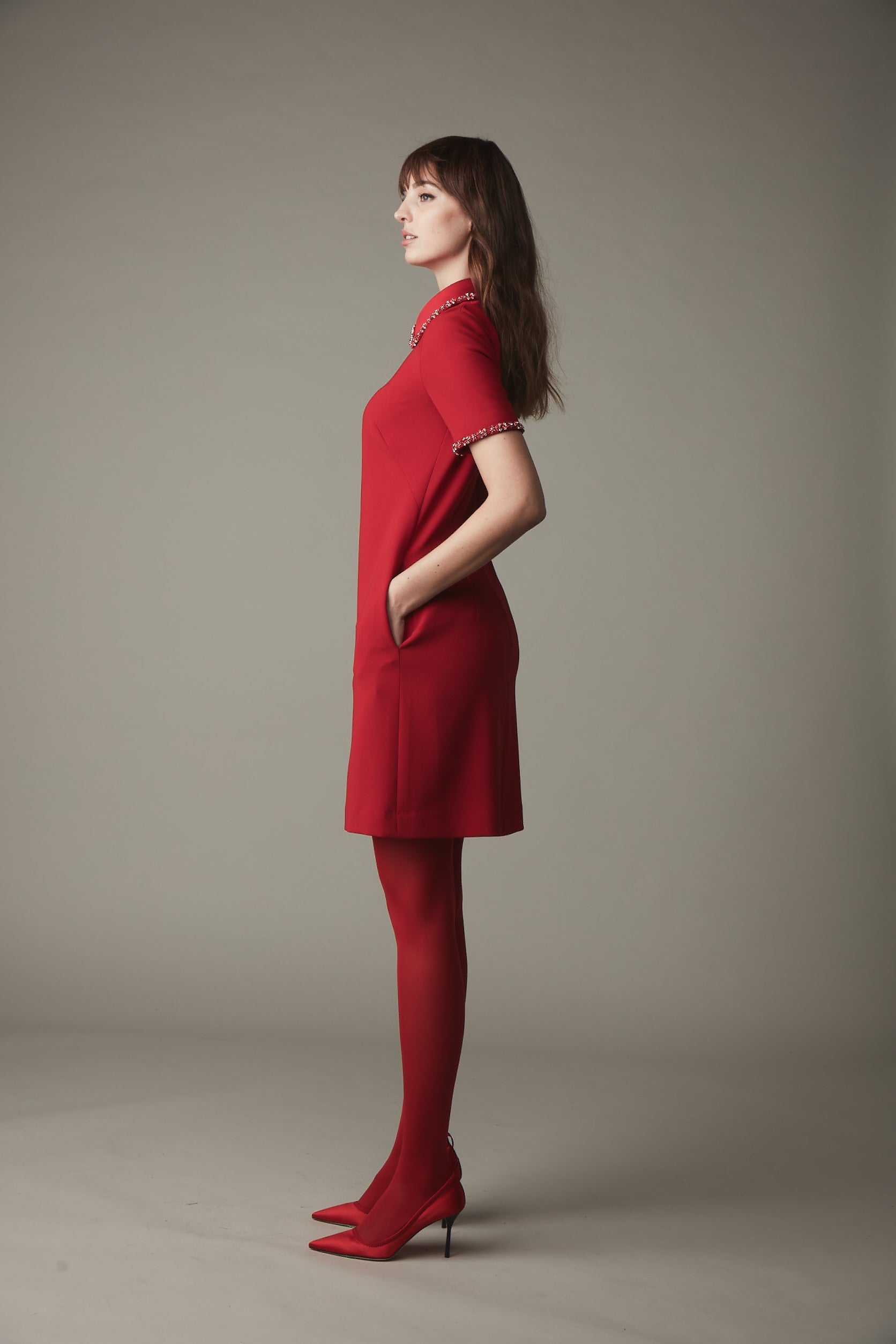 Jewel Collar A-Line Dress - Ruby Red Pink Tartan