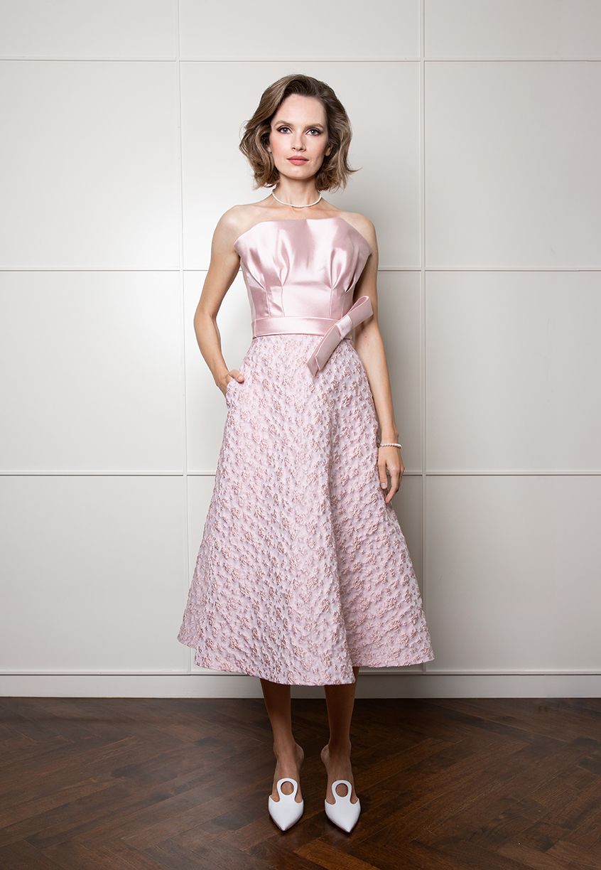 Strapless Gown with Bow - Pale Pink Pink Tartan