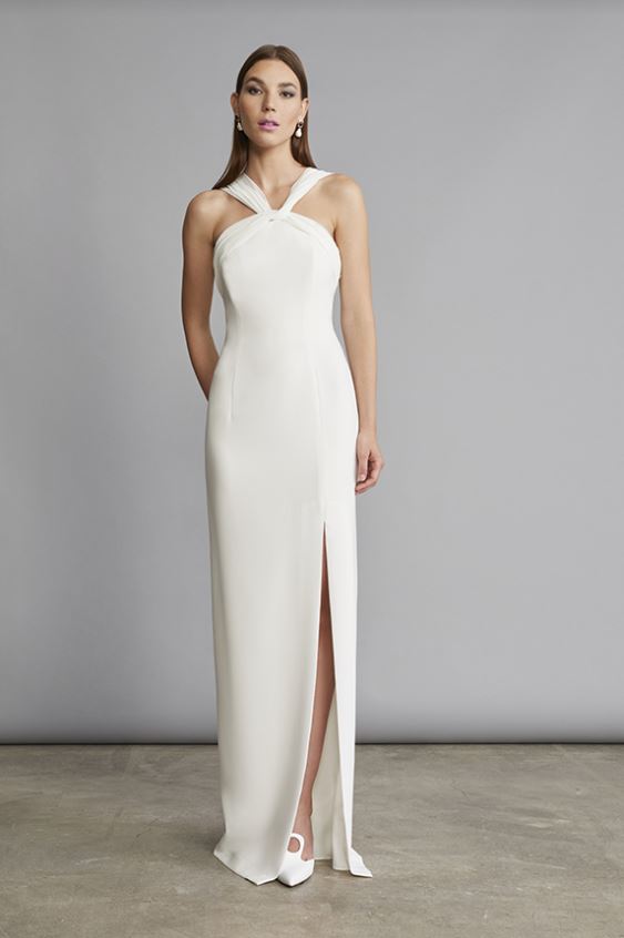 Crepe and Chiffon Halter Column Gown - White Pink Tartan