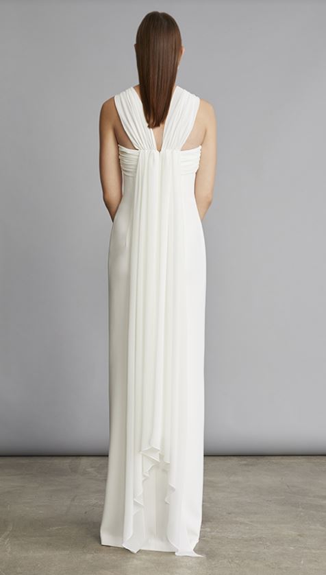 Crepe and Chiffon Halter Column Gown - White Pink Tartan