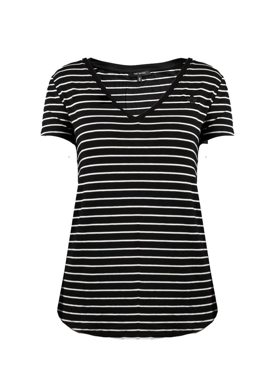 Logo Drape V-Neck T-Shirt -  Black & White Stripe Pink Tartan
