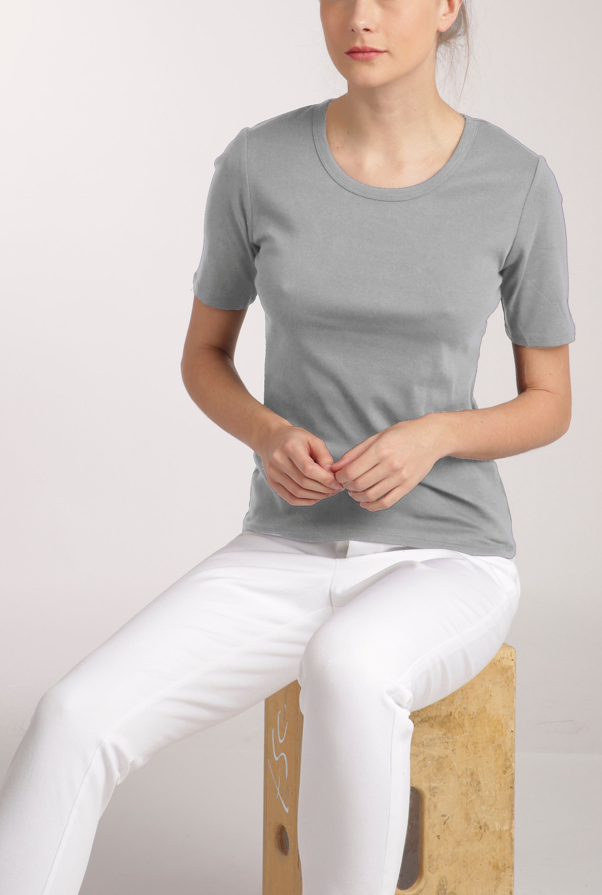 Basic Rib T-Shirt - Grey Melange Pink Tartan