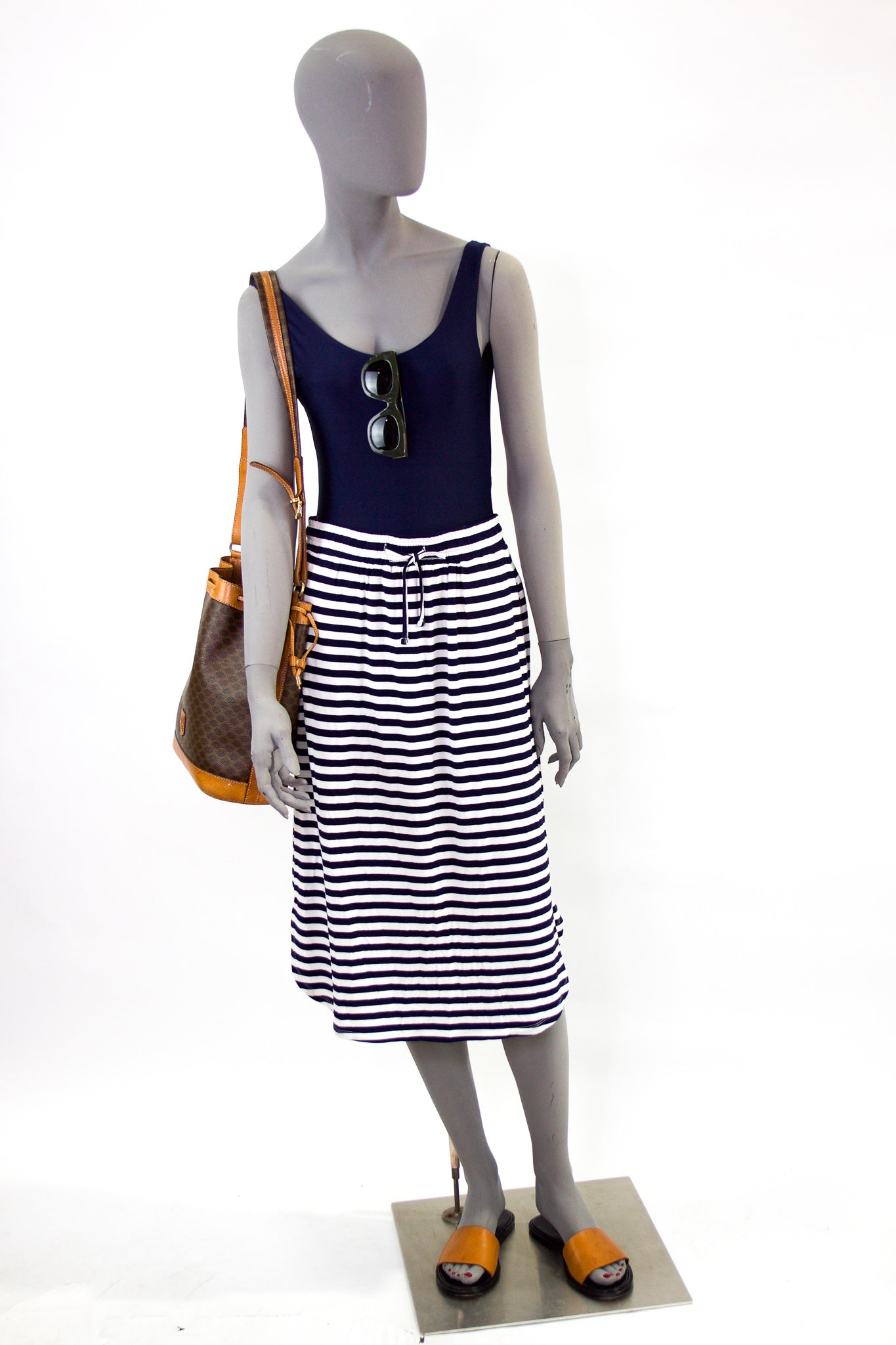 Midi Pull On Skirt - Navy & White Stripe Pink Tartan