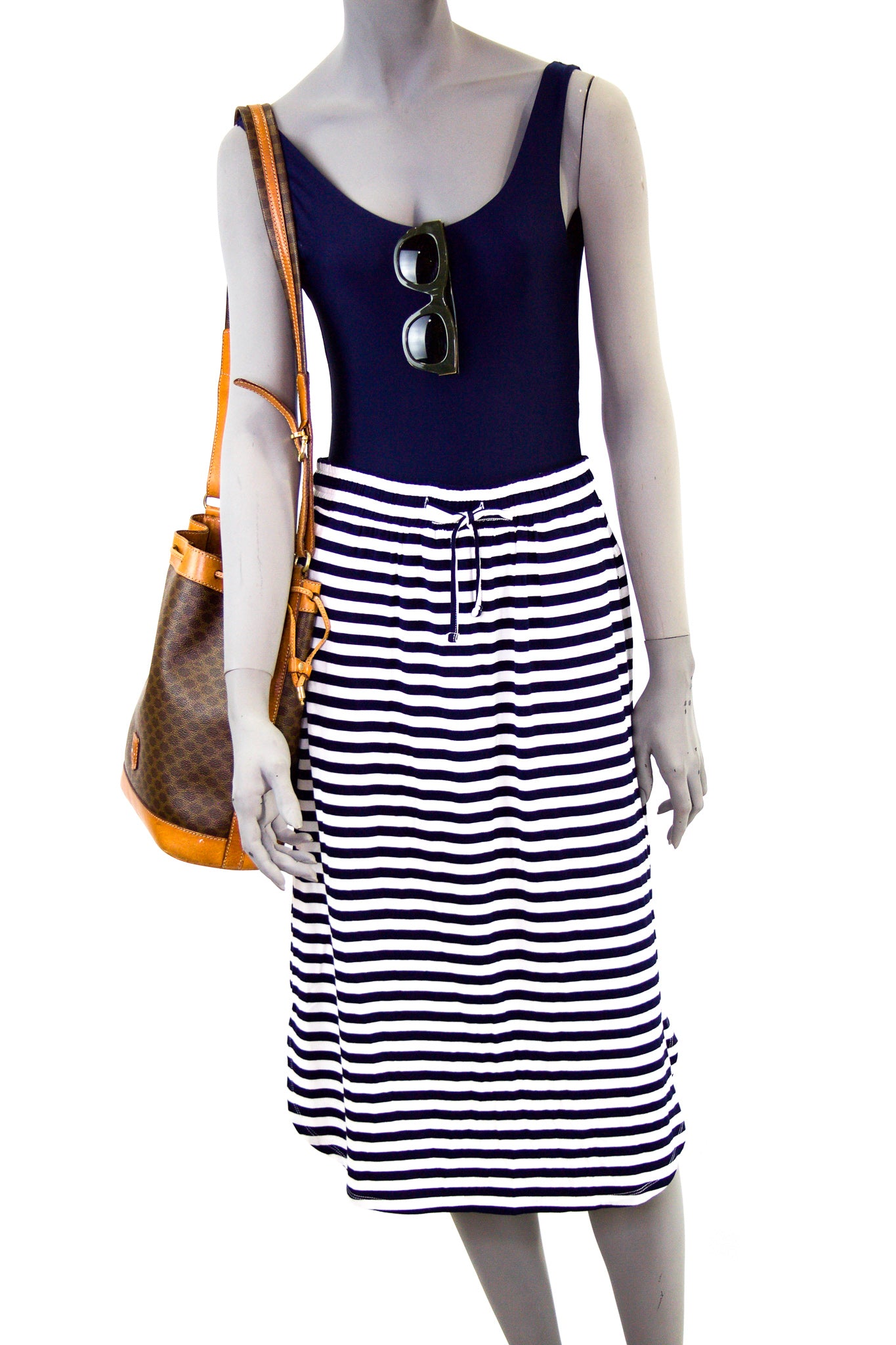 Midi Pull On Skirt - Navy & White Stripe Pink Tartan