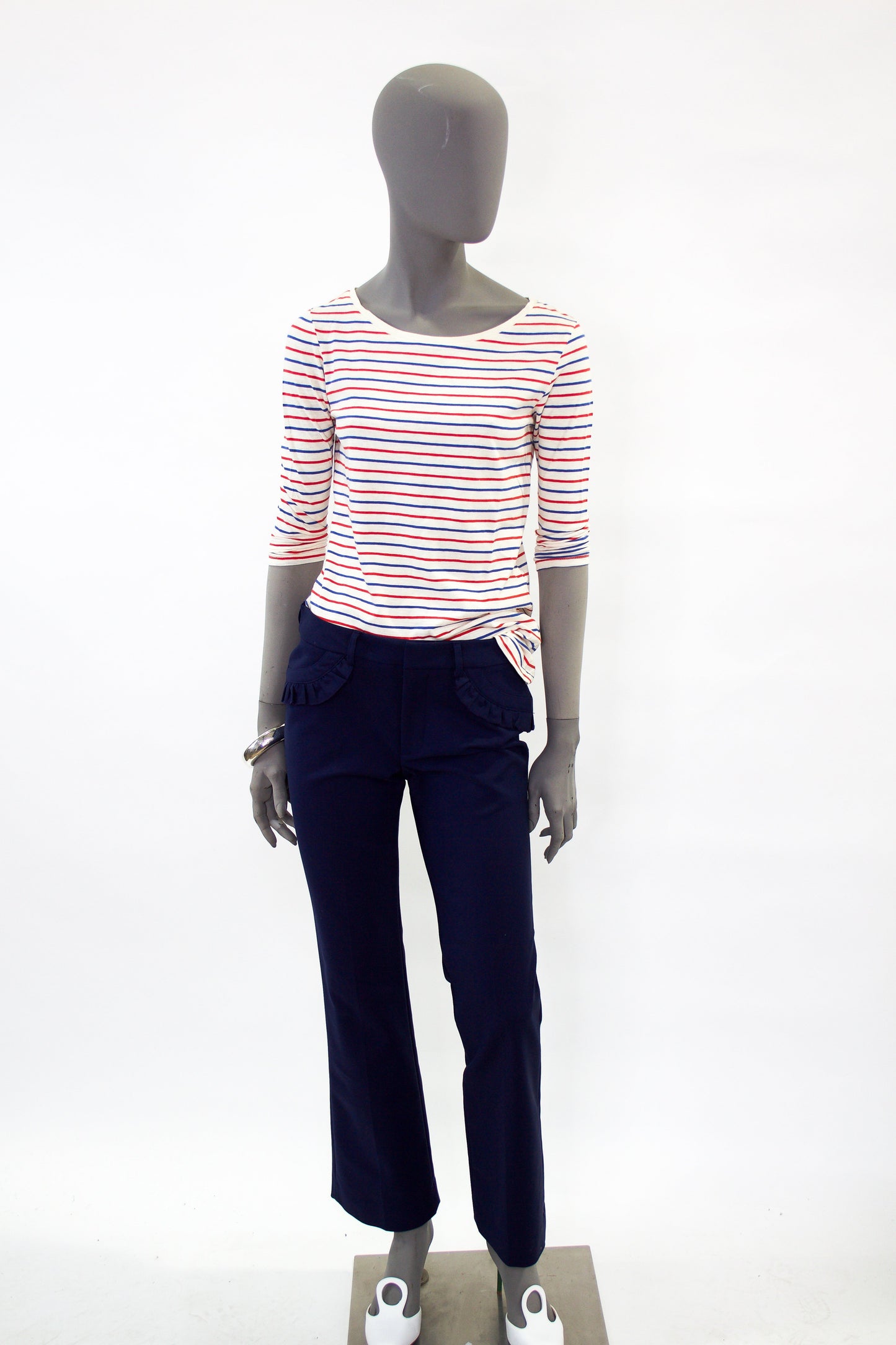 3/4 Sleeve Striped T-shirt - Cream/Blue/Red Pink Tartan