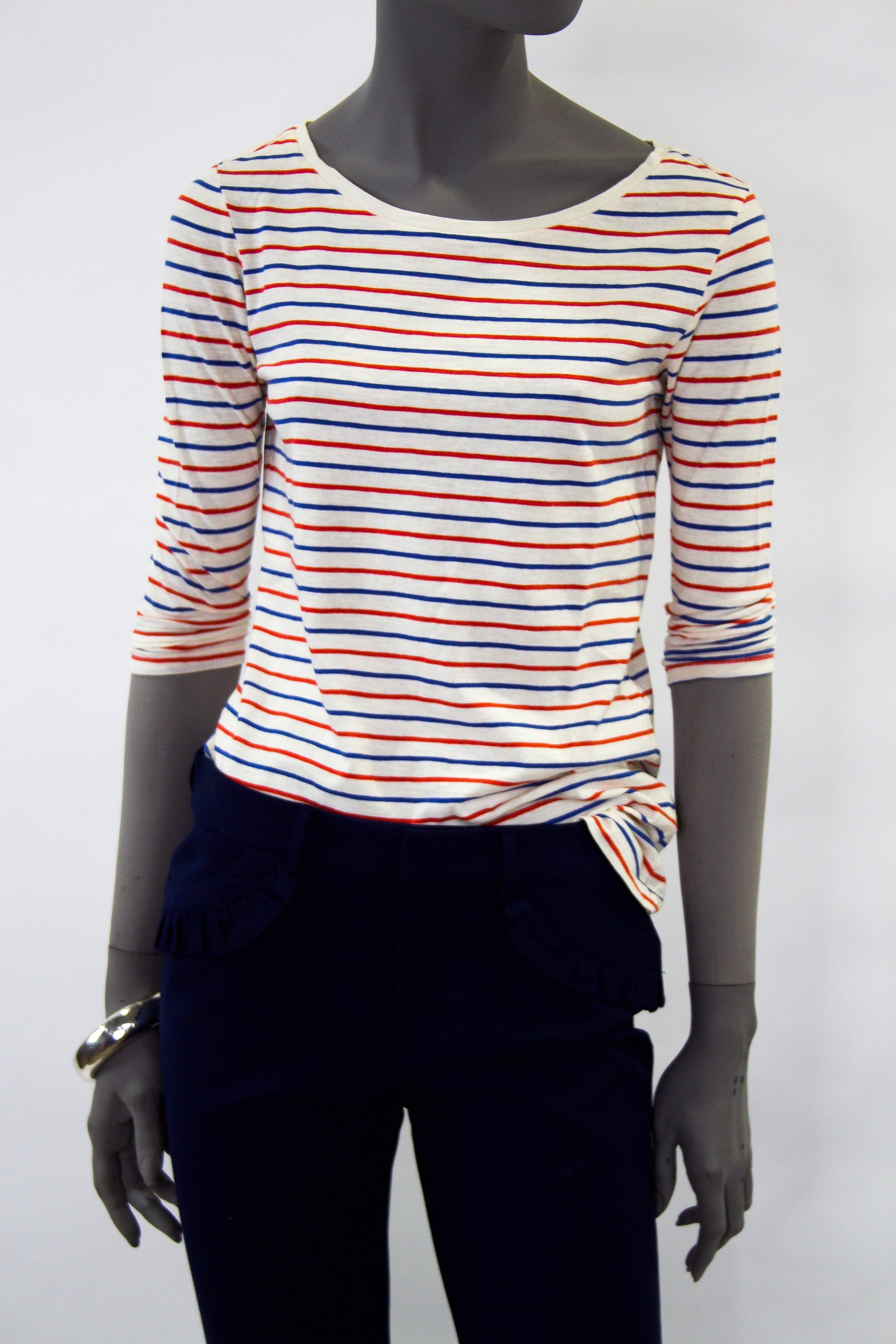 3/4 Sleeve Striped T-shirt - Cream/Blue/Red Pink Tartan