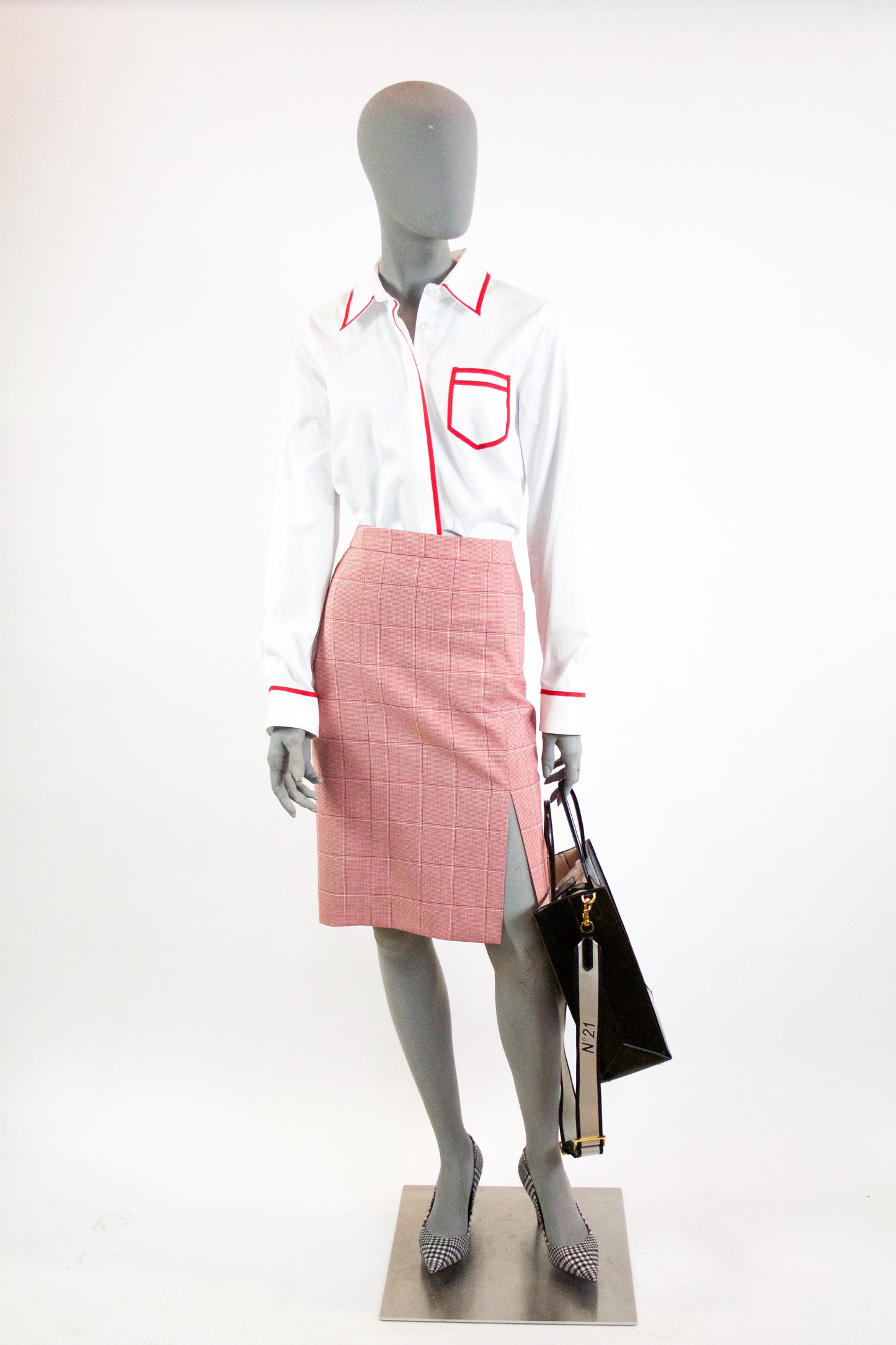 Stretch Poplin Trompe L'Oeil Shirt - White/Red Pink Tartan