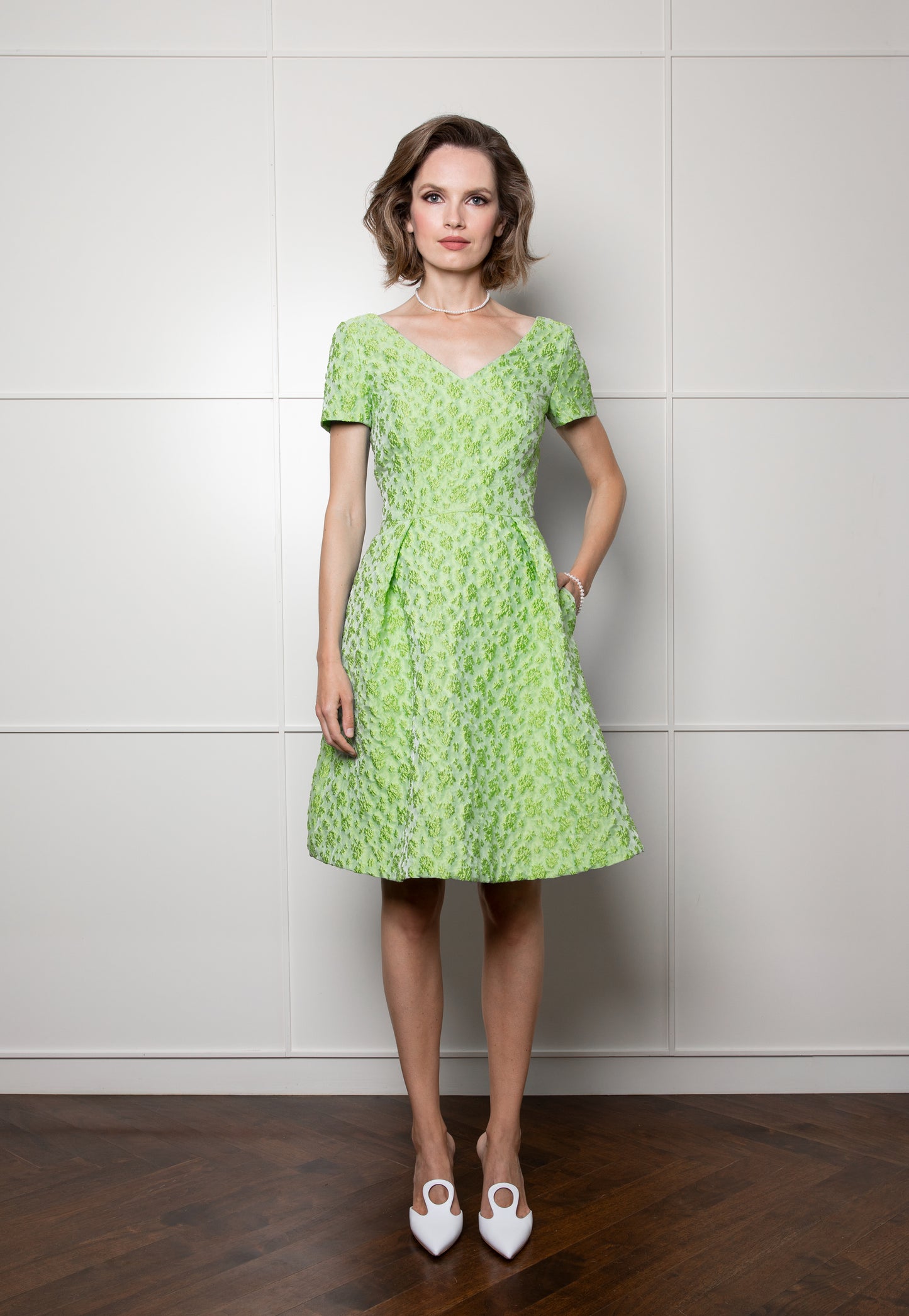 Short Sleeve Fit and Flare V-Neck Dress - Lime Pink Tartan