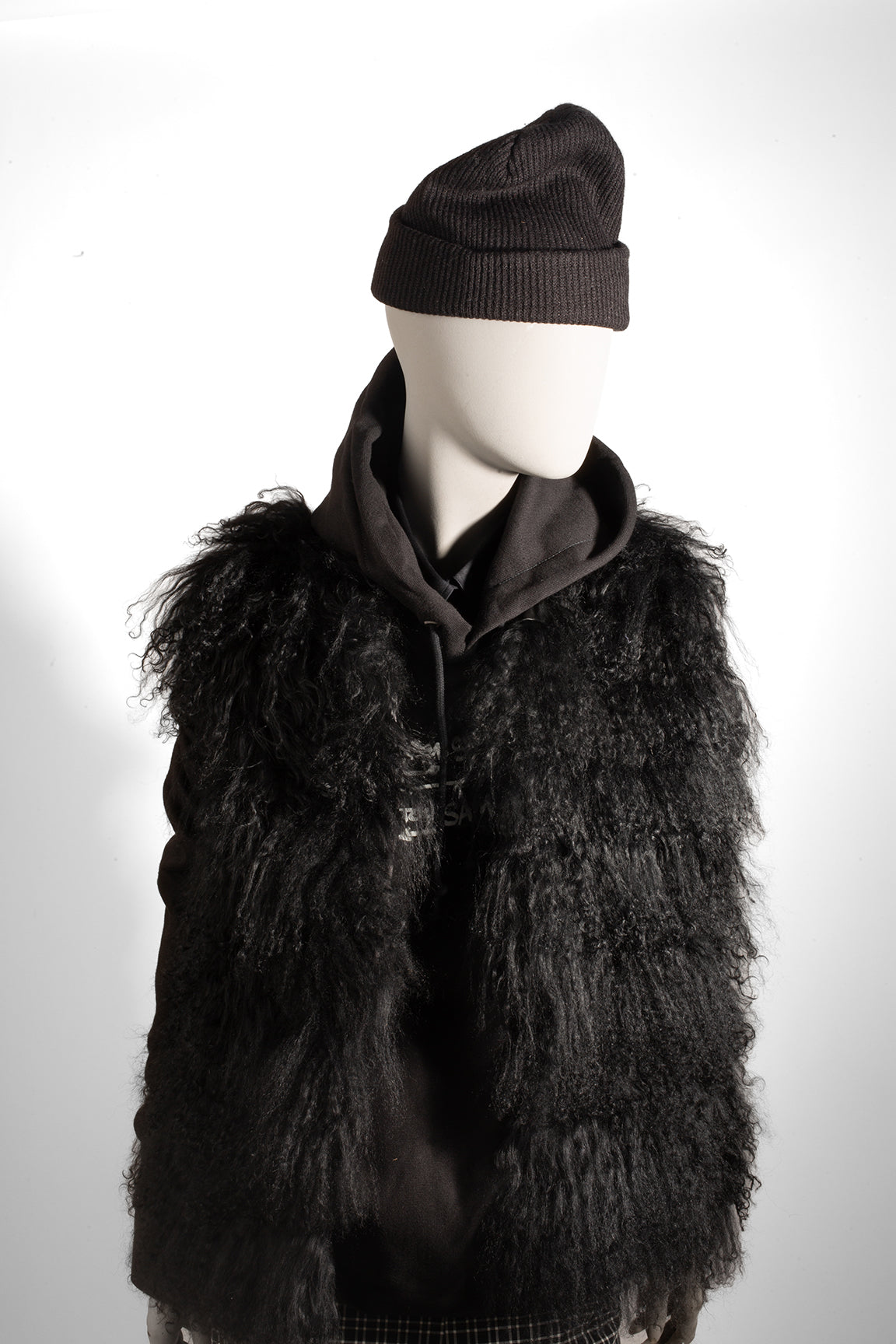 Mongolian Fur Vest - Black Pink Tartan