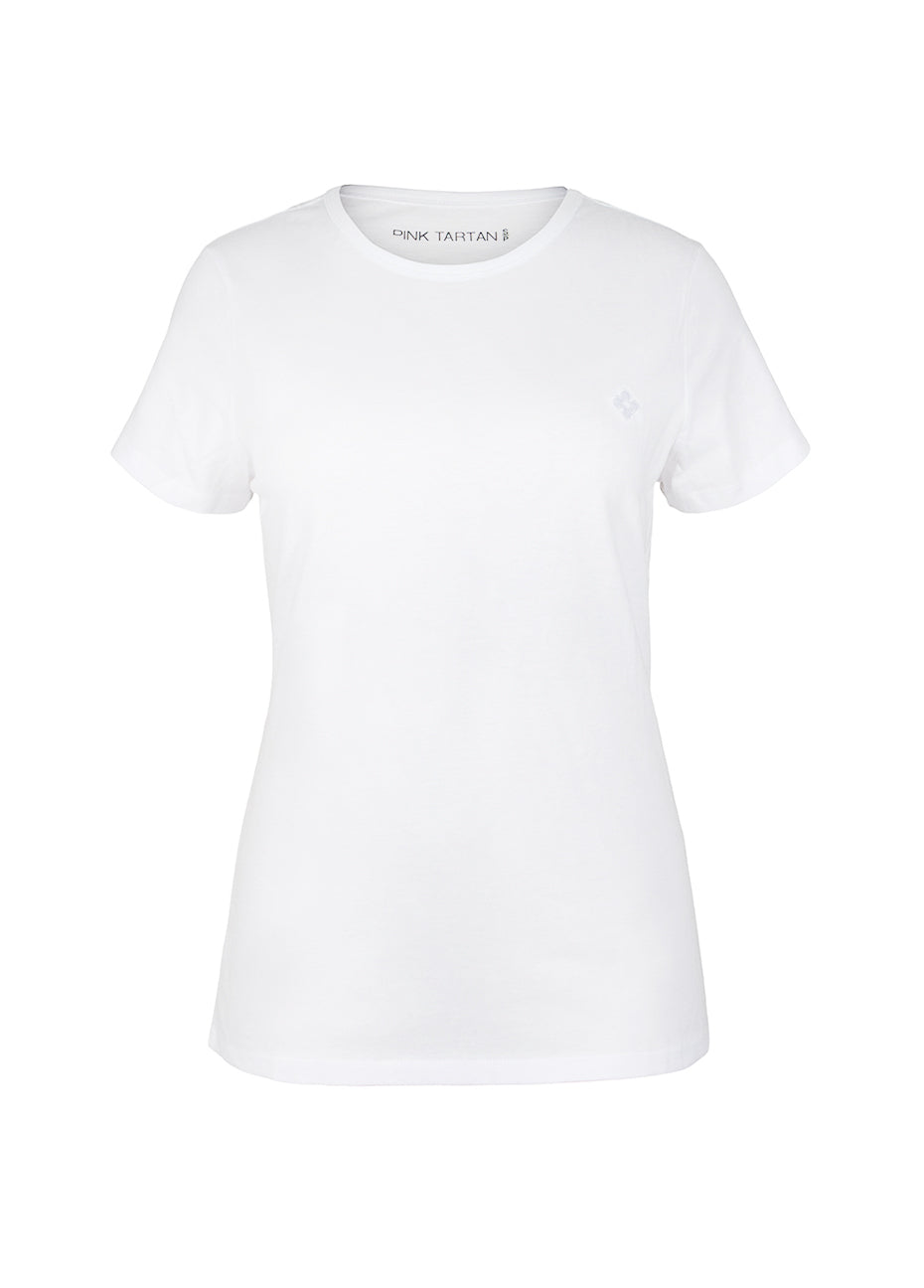 Best Essential T-shirt with Embroidered Quatrefoil - White Pink Tartan